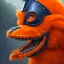 Placeholder: Otto the orange syracuse mascot as a fierce warrior in full navy blue and orange battle armor, a highly detailed illustration, background of Inka jungle, realistic render, 8 k, micro detail, intricate, elegant, centered, digital painting, Artstation, smooth, sharp focus, illustration, artgerm, tomasz alen kopera, peter mohrbacher, donato giancola, joseph christian leyendecker, wlop, boris vallejo