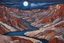 Placeholder: a painting dramatic Southwestern river canyon landscape under a pale winter moon, in the Art Brut style of Jean Dubuffet, rich natural colors, museum quality masterpiece