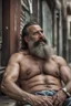 Placeholder: macho beefy strong turkish man sunbathing, sitted on an empty street, 52 years old, ripped tank top, wet, dirty, bullneck, hands behind the neck, bulging shorts, manly chest, very hairy, long beard, big shoulders, relaxed, photorealistic, well defined facial features, half figure photography, big nose, view angle from the ground