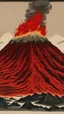 Placeholder: A dark red volcano made out of cinder with spewing fire painted by Katsushika Hokusai