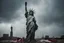 Placeholder: the statue of liberty, dress dirty and torn, her face solemn and terse, trash littered at her feet, she holds a crumpled american flag, she walks away with back turned under a dark and dreary sky, wide angle
