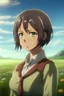 Placeholder: Attack on Titan screencap of a female with short, wavy dark hair and dark eyes. Beautiful background scenery of a flower field behind her. With studio art screencap.