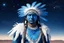 Placeholder: indiano d'america con gli occhi blu, il suo costume è azzuro blu con qualche piuma blu e bianca, ma anche in stile minimalista un po' cosmico-futurista. La figura è intera e lui è in piedi, Il paesaggio è di natura Nativa con una notte stellata, un cielo luminoso pieno di galassie brillanti