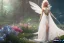 Placeholder: Fantasy cute fairy with wings, smiling, make up, long blond platinum hair, blue eyes, crown, beautiful dress, flowers in background, HQ, unreal engine