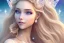 Placeholder: smiling, beautiful, soft,smiling, straight and long blonde hair, dewy and shiny atmosphere, diamond crown, long fairy wings in the back, full head, curly hair, golden veil clothes, bacground pink and blue