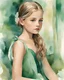 Placeholder: Painting of a young girl, beautiful face, close-up face, portrait painting, beautiful girl, vintage, 12 years old, young girl, emerald dress, dream room in the background, watercolor painting, watercolor painting, watercolor, beautiful watercolor painting, Fine detail watercolor, fine art, illustration, inspiration, gouache painting