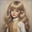 Placeholder: 1970s, blond Little girl si in gold, long hair , dancibg at studio 54, , in the style of Margaret Keane