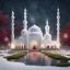 Placeholder: Hyper realistic Outside White Mosque with grass patches & maroon Minarets & frozen water fountain at snowfall night