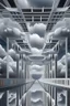 Placeholder: a bridge which has white clouds, in the style of futuristic digital art, grid formations, hall of mirrors, black and gray, photorealistic fantasies, multilayered dimensions, frontal perspective