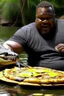 Placeholder: a obese black guy kicked a crocodile while eating a pizza