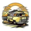 Placeholder: A retro camper van parked by the ocean, nostalgic, carefree, golden hour lighting, T-shirt design graphic, vector, contour, white background.