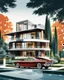 Placeholder: Architectural drawing of a luxurious modern country house, trees, people and cars, complementary colors