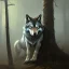 Placeholder: frank frazetta style, wolf in the forest clearing, dusk