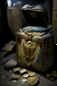 Placeholder: in a LARGE BASEMENT, half-buried in the earth, an ancient, worn-out, worn-out, torn-side valise peeks out, from which gold coins from the time of Catherine the Great fall out. The ancient coat of arms of Russia, the double-headed eagle, is BARELY VISIBLE on the bag. There are a lot of broken bricks and earth around the bag. All in high quality 8K