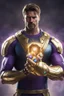 Placeholder: A sporty looking man with With a serious his face while holding Thanos' gantlet K's infinity gauntlet has six infinity stones