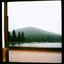 Placeholder: A polaroid photo of an odd room. There is a group of fir trees in the background and a high hill in the distance. A lake. The surface below is in a pastel color. Fog is present.