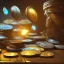 Placeholder: dynamic lighting, Intricately detailed, Splash screen art, deep color, Unreal Engine, volumetric lighting, silver coins, pile of coins, pirate treasure, stacked coins,