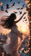 Placeholder: Hyper Realistic Photographic-Silhouette view of a beautiful mother with long-black-hair-whirling, carrying & happily-playing with her smiling-baby in her hands on a rooftop decorated with flower-arches, garland-lights-&-petals-whirling with cloudy-sunset-behind & silhouette-of-birds-flying showing dramatic & cinematic ambiance.