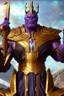 Placeholder: Thanos, the commander of the army of aliens and the king of the entire galaxy, is ready to go on a campaign with his two large swords, his very beautiful and impenetrable armor with his golden helmet, standing on top of a hill with his sword with infinity gauntlet