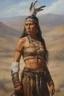 Placeholder: head to waist - native American Indian, Sacagawea - craggy desert wasteland background, 32k, UHD, Hyper-realistic oil painting by Gerald Brom