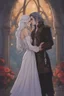 Placeholder: A couple from the dnd game curse of Strahd kissing. She has white hair he has long black hair. Romantic, sweet, loving.