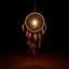 Placeholder: the center of a dreamcatcher made of light, glowing internal light, translucent, natural red/brown tones, brown dirt ground long bottom, dark background, fantasticlighting
