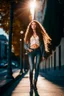 Placeholder: Beautiful woman, beautiful face , long curly hair, that is standing on a sidewalk, wearing jeans, trending on unsplash, viennese actionism, anamorphic lens flare, dynamic pose, shallow depth of field, dreamlike, nature-inspired, romantic, whimsical, fantasy art,dreamy