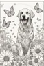 Placeholder: Playful Golden Retriever in a lively field of sunflowers, butterflies, mature coloring artwork, contour, vector, clean line art, white background, detailed, black and white, in the style of Mandala design