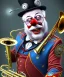 Placeholder: mechanoid old friendly fat clown with trimmed beard playing jazz with a steampunk theme, trumpet, realistic