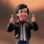 Placeholder: wide view young Plastic Fonzie with black hair toy Action figure doll 1975 (thumbs-up) (face) Forehead grin, fonzarelli, jukebox background, eyes