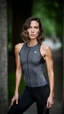 Placeholder: photography of a beautiful anorexic woman, grey satin triathlon top, brunette wavy bob haircut, pronounced sternum, flat chest, grey satin cycling leggins