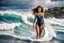 Placeholder: beautiful girl supper model, in nice body suit, with curvy hair,perfect face,perfect eyes,Surfing in huge wave,water with splash,seaside wavy sea ,storm, clouds ,rocky beach