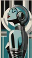 Placeholder: A vintage poster depicting an art deco style alien woman with blue skin, wearing futuristic helmet-like headwear and a thin silver band across her forehead, with vertical stripes of black, white, grey, and teal. The background is a dark brown with a gray gradient at the top, and she has closed eyes with visible eyelashes. Her lips have a subtle red lipstick on them. The poster is in the style of a retro futuristic sci-fi illustration. --ar 19:32 --v 5. 2 -