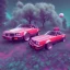 Placeholder: 1980's aesthetic vaporwave wood trees with spheres and car clasic and sexy girl red car low