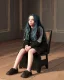 Placeholder: Billie Eilish, sitting on a chair, Black Short Dress, high detail, realistic