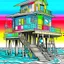 Placeholder: A whimsical beach house on stilts, painted in vibrant colors with quirky details, show beach view, detailed, front closeup view, minimalistic white color water fountain, minimal black line art, unique coloring sheet, outlined, outline, line art, clean line art, unique, 8k, amazing, realistic, masterpiece, no colors, no dark color, no black color, avoid thick black, minimalistic line edges, white back ground color, vector style,