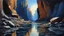 Placeholder: Dark blue sky, rocks, cliffs, puddle, sci-fi, fantasy, mountains, ludwig dettman and rodolphe wytsman impressionism paintings