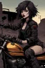 Placeholder: vampire girl showing fangs with short cropped cyberpunk hair riding a black cafe racer motorcycle in a post apocalyptic wasteland at dusk