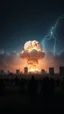 Placeholder: A field of random people in a good lighting at the end of the picture a dark sky with a glowing stars sky and a destroyed buildings in the background with a huge nuke explosion in the back and thundering storms sky