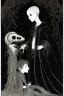 Placeholder: 7 year old boy, necromancer, friendly, looks dead,with a long lamprey emerging from his belly , wearing black robes, in the style of Harry Clarke