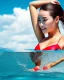 Placeholder: close up shot of very beautiful model girl swimming in water wearing swim suit ,country side ,nice cloudy sky,country houses