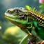 Placeholder: pixar style, volumetric summer garden environment and background, realistic painting of a Cute rainbow iguana, looking excited, detailed digital painting, extreme dense and fine fur, anime, ornate, colour-washed colors, elegant, small minutiae, tiny features, particulars, centered, smooth, sharp focus, renderman gofur render, 8k, uhd, detailed eyes, realistic shaded volumetric lighting, sunlight caustics, backlight, centered camera view