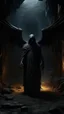 Placeholder: A tall hooded Angel with wings , thick layer of dark brown corrosion , standing in front of a dark cave, Bosch painting style , of a nightmare , hyper photorealistic, hyper detailed dark , high resolution, fog, octane render, tilt shift, 8k ,