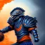 Placeholder: a fierce warrior in full navy blue and orange battle armor, with an S shaped shield, holding a basketball, a highly detailed illustration, background of Inka jungle, realistic render, 8 k, micro detail, intricate, elegant, centered, digital painting, Artstation, smooth, sharp focus, illustration, artgerm, tomasz alen kopera, peter mohrbacher, donato giancola, joseph christian leyendecker, wlop, boris vallejo