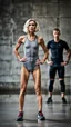 Placeholder: beautiful anorexic woman, total shot, short grey metallic triathlon swimsuit, short blond wavy bob hair, blurred concrete background