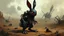 Placeholder: A digital painting of a clockpunk-inspired sinister bunny standing in a desolate wasteland, with gears and cogs protruding from its body. The background features a post-apocalyptic landscape with remnants of ancient technology scattered around. The bunny's glowing red eyes and sharp metallic claws add to its menacing appearance