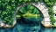 Placeholder: A watercolor painting depicts a stone archway overgrown with lush green foliage, framing a dark body of water that reflects the arch and surrounding greenery. The water's surface is textured with dark, deep tones and lighter, shimmering reflections. The arch itself is rendered with rough stone textures, partially obscured by leaves and vines. The overall impression is one of a hidden, natural sanctuary, with a painterly, impressionistic style emphasizing light, color, and texture.
