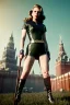 Placeholder: retro portrait image from 1960, Moscow background, wind, long hair, fighting stance, sweet young Scarlett Johansson, classic black tight lycra suit, metal short stick weapon, gold bracelet and belt, high heel boots, soft color, highly detailed, unreal engine 5, ray tracing, RTX, lumen lighting, ultra detail, volumetric lighting, 3d, finely drawn, high definition, high resolution.