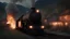 Placeholder: 4K Photorealism: train carrying black fuel oil, burning and exploding emitting smoke from it, background of mountains in the village, lighting at night like photography