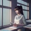 Placeholder: female student studying by the window, anime style,perfect face, cool face, ultra detail, unreal engine 5, cinema4d, sun light, studio lighting --ar 1:1 --v 4